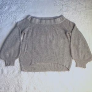 Silver Gray, Off the Shoulder, Long Balloon Sleeves, Hi/Lo Cropped Fit Sweater,